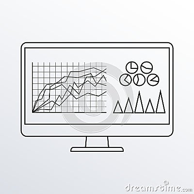 Computer monitor line icon with graph, diagr.am and charts. PC desktop display outline sketch. Vector illustration. Vector Illustration